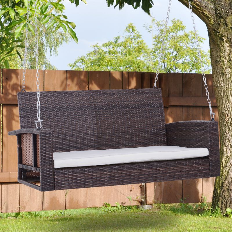 Outsunny 2-Person Wicker Hanging Porch Swing Bench Outdoor Chair with Cushions, 3 of 9