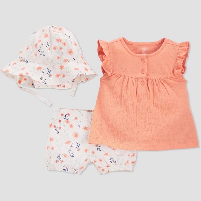 Carter's Just One You® Baby Girls' Floral Top & Bottom Set with Hat - Coral/Ivory 6M