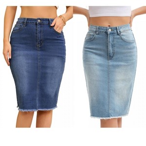 INSPIRE CHIC Women's Raw Hem High Waisted Pockets Stretch Knee Length Jean Denim Skirt 2 Packs - 1 of 4