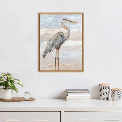 Beach Heron I Blue and Gray Canvas Print with Maple Frame
