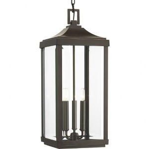 Progress Lighting, Devereux, 3-Light Outdoor Hanging Lantern, Antique Bronze, Etched White Pillar Shade - 1 of 3