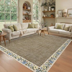 Washable Living Room Rug Floral Bordered Area Rugs Soft Thin Indoor Carpet - 1 of 4