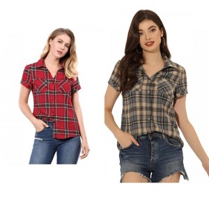 Allegra K Women's Classic Short Sleeve Button Down Plaid Shirt 2 Pcs - 1 of 4