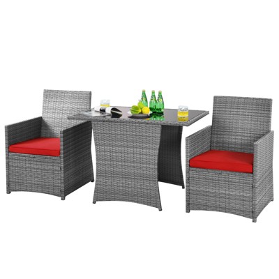Tangkula 3PCS Patio Rattan Furniture Set Outdoor Wicker Table & Chair Set w/Cushions White/Red/Gray/Turquoise/Navy