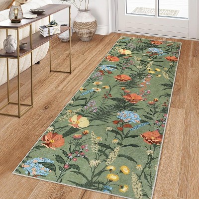 homfan Runner Rug,Washable Hallway Runner Rug Ultra-Thin Low Pile Foldable Mat Non Slip Non-Shedding Kitchen Rugs Indoor  Floral Accent Runners