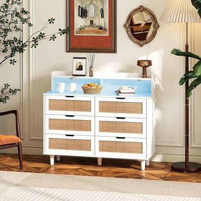 6 Drawers Dresser for Bedroom, Rattan Storage Cabinet with LED Lights and Power Outlet, Rattan Dresser with Spacious Storage for Bedroom