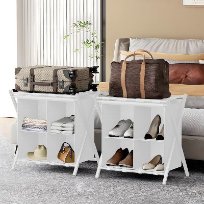 Heybly Luggage Rack for Guest Room, Set of 2, Folding Suitcase Stand with Fabric Storage Shelf