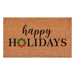 HomeRoots 17" X 29" Brown Black And Green Christmas Happy Holidays Outdoor Coir Door Mat - 1 of 4