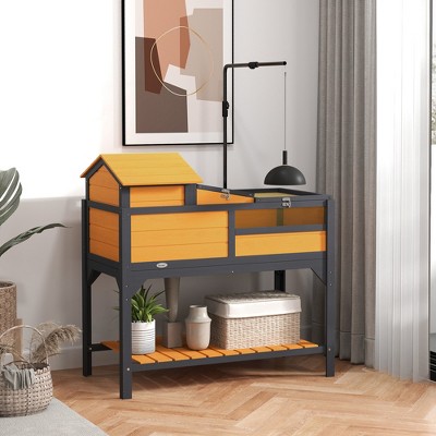 Yellow Dual-Level Wooden Tortoise Habitat with Adjustable Lamp Holder