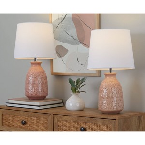 LumiSource (Set of 2) Claudia 20" Contemporary Table Lamps Rose Tan Ceramic, Polished Nickel Accents and White Linen Shade - 1 of 4