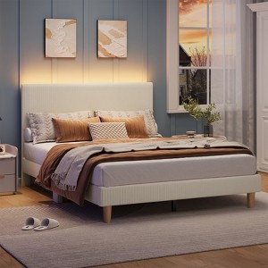 Bestier Corduroy Upholstered Queen Bed Frame with Adjustable Headboard, Platform Bed Frame with LED Light, Solid Wood Slats, No Box Spring Needed - 1 of 4