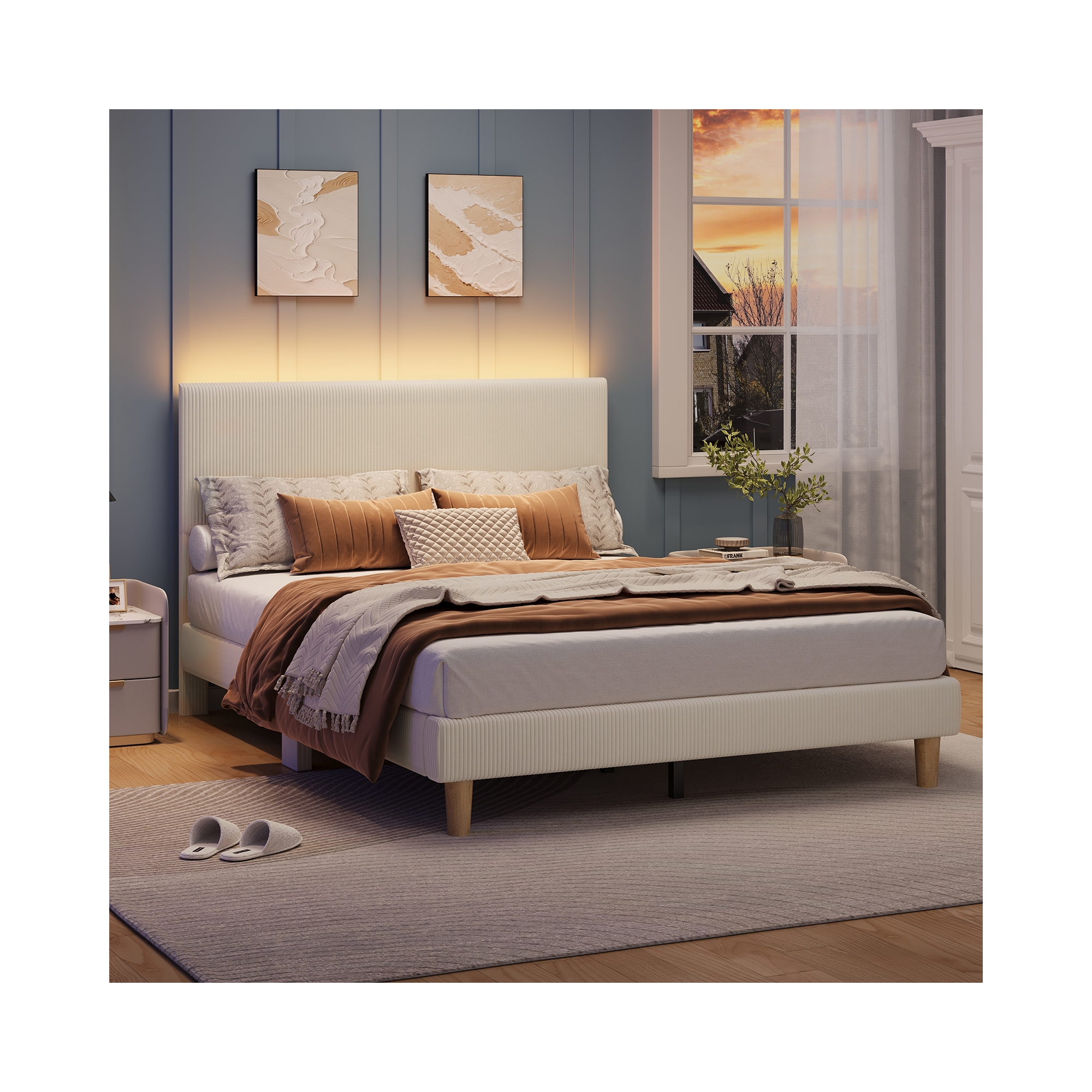 Bestier Corduroy Upholstered Queen Bed Frame with Adjustable Headboard, Bed Frame with LED Light, Solid Wood Slats, No Box Spring Needed, Off White