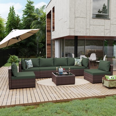 UPHA 7-Piece Brown Rattan Patio Sofa Conversation Set with Cushions