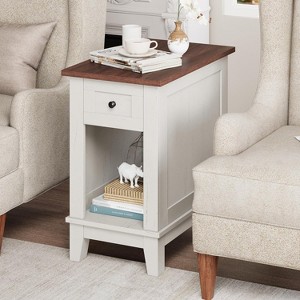 Farmhouse End Table with Charging Station & Storage - White + Brown, 23.6" x 14" x 24" - 1 of 4