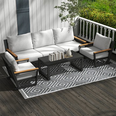GDFStudio Outdoor 5-Seater Aluminum and Olefin Fabric Chat Set with Washable Cushions