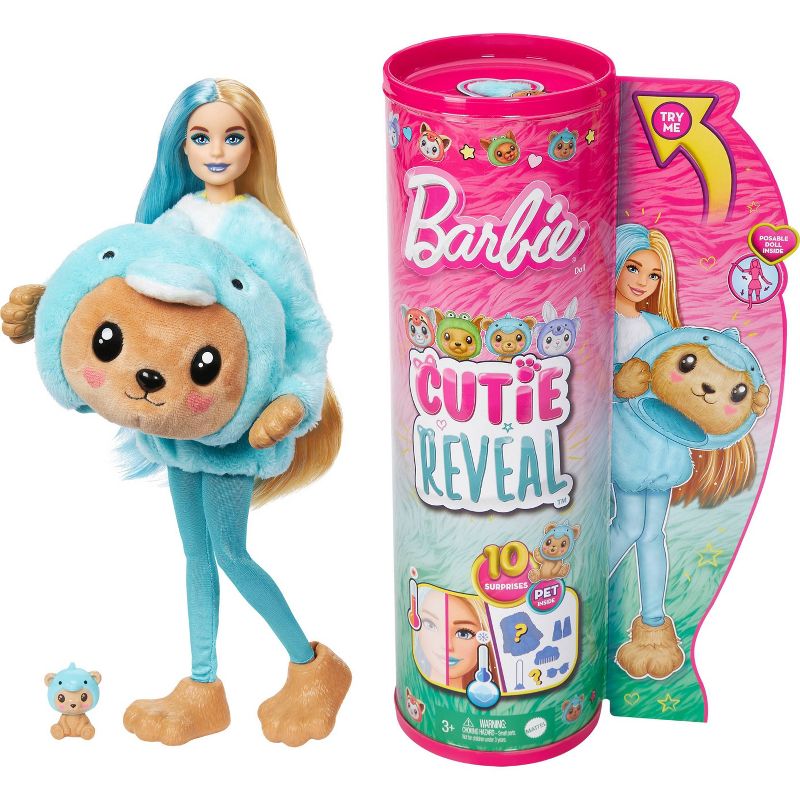 Barbie Cutie Reveal Teddy Bear as Dolphin Costume-Themed Series Doll &#38; Accessories with 10 Surprises, 1 of 8