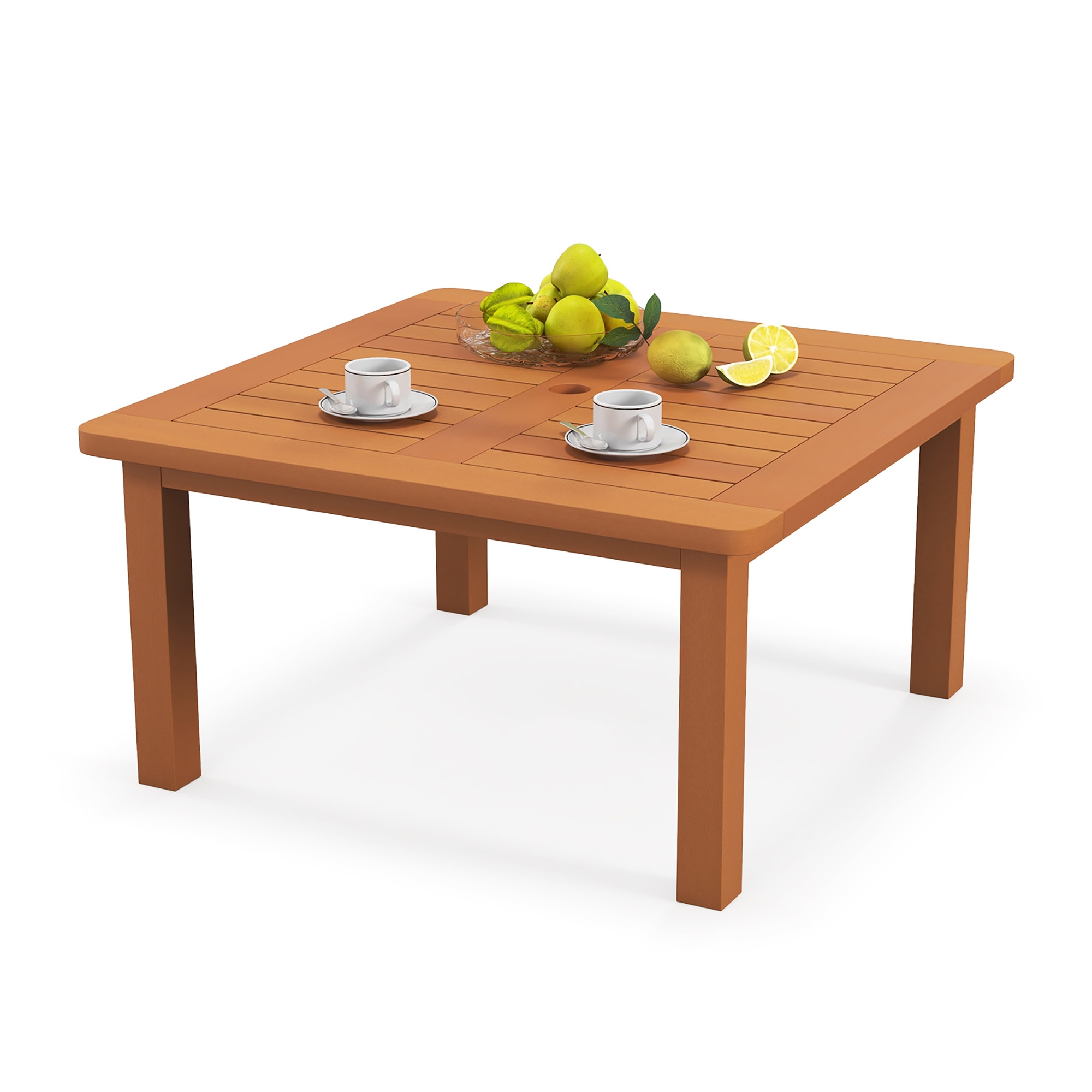 Costway Patio Coffee Table w/ Umbrella Hole Slatted Tabletop & Teak Oil Finish