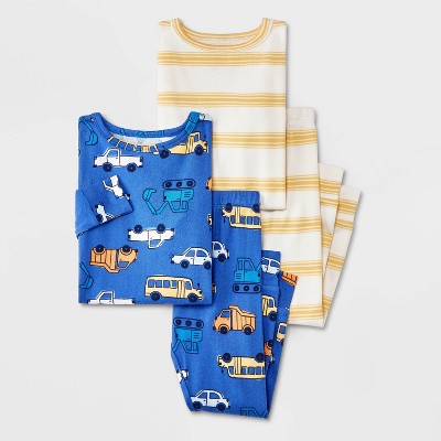 Toddler Boys' Soft Brushed Tight Fit 2pc Trucks Striped Pajama Set - Cat & Jack™ Blue 12M