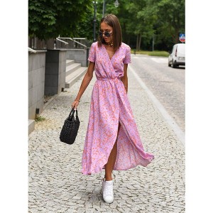 Clearlove Womens  V Neck Dress Short Sleeve Mini Sundress Waist Printed Straps Dresses - 1 of 4