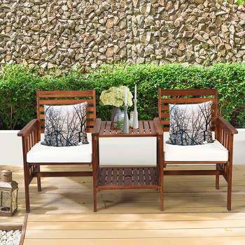 Costway Patio Loveseat Conversation Set Acacia Wood Chair Coffee Table Cushioned White\ Red