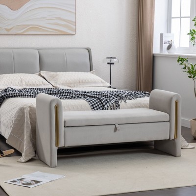 Velvet Fabric Storage Bench Bedroom Bench With Gold Metal Trim Strip For Living Room Bedroom Indoor,Light Gray