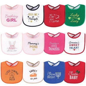 Hudson Baby Infant Girl Cotton Terry Drooler Bibs with Fiber Filling 12pk, Cute Girl Holiday Sayings, One Size - 1 of 2