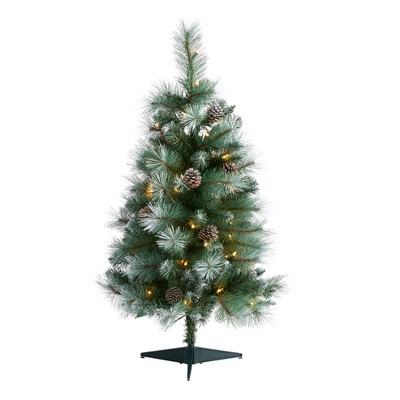 Nearly Natural 3-ft Frosted Tip British Columbia Mountain Pine Artificial Christmas Tree with 50 Clear Lights, Pine Cones and 112 Bendable Branches