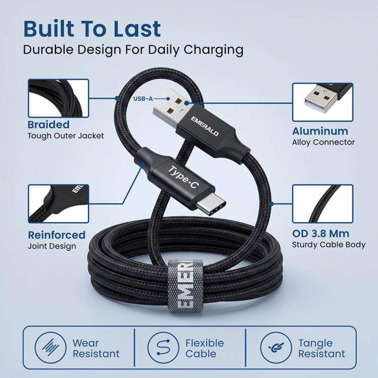 Emerald 6ft Braided USB-A to USB-C (Type-C), Fast Charging & Data Syncing Cable, 4 of 8