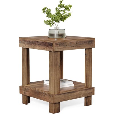 FONTOI 15.7" End Table with Open Storage Shelves, 2-Tier Farmhouse Square Side Table for Living Room, Small Space, Natural Wood, 19.69"*25.59"*19.69"