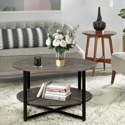 Coffee Table Round Wood, Cocktail Table With 2-Tier Storage, Farmhouse Side Table With Black Metal Leg-Cuddlewood