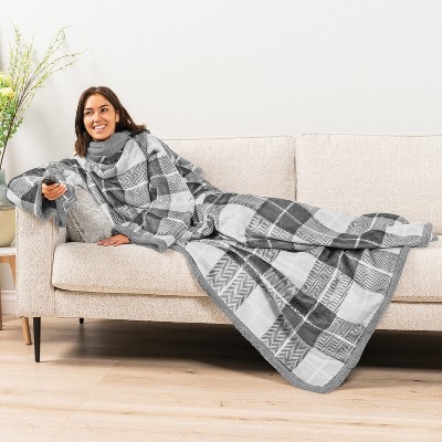 Plaid Light Gray Sherpa Fleece Wearable Blanket with Sleeves