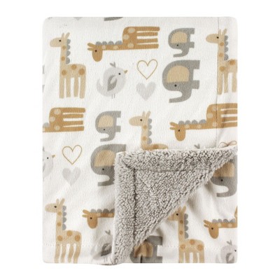 Luvable Friends Baby Plush Blanket with Faux Shearling Back, Neutral Safari, One Size