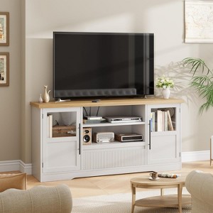 63" TV Stand for TVs up to 72" - Farmhouse Wave Design Entertainment Center with 2 Glass Door Cabinets & Open Shelves, Media Console for Living Room - 1 of 4