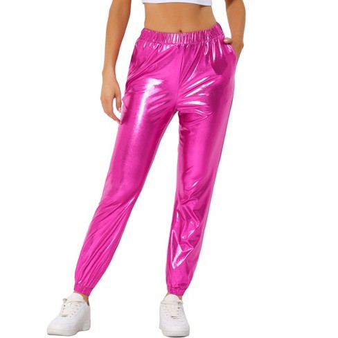 Allegra K Women's Metallic Shiny Sparkle Elastic Waist Holographic Pants  Hot Pink Small : Target