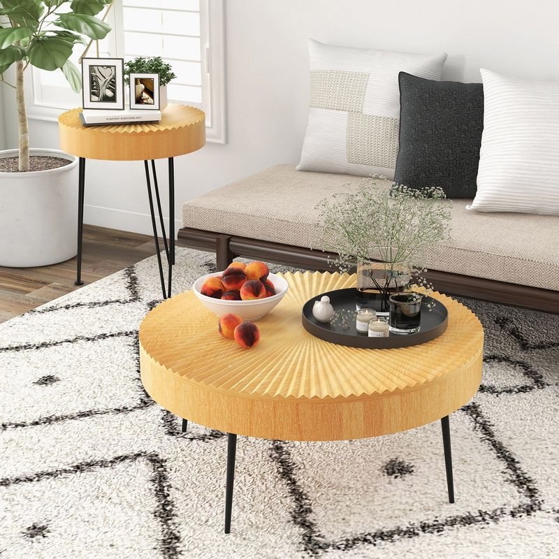 Costway Farmhouse Round Coffee Table Set of 2 End Table Natural Finish for Living Room, 5 of 11