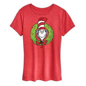 Women's The Cat in the Hat Cat Wreath Short Sleeve Graphic T-Shirt - Heather Red - Small - 1 of 4