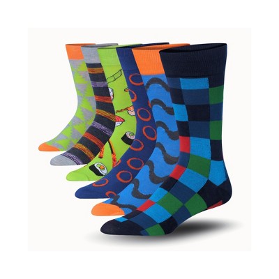 JAMES FIALLO Mens 6 Pairs Novelty Waves Whimsical Food Colorful Patterned Crew Dress Socks