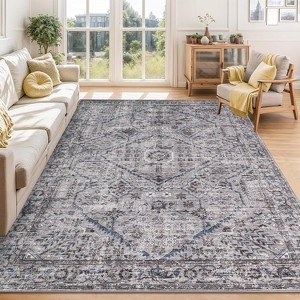 Washable Boho Vintage Runner Rug, Soft Low Pile Non-Slip Carpet for Hallway, Kitchen, Entryway, Neutral Retro Pattern - 1 of 4