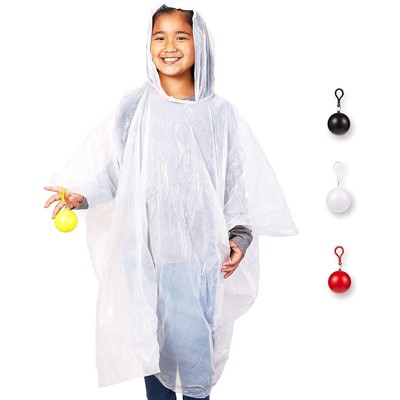 Juvale 4 Pack Kids Disposable Rain Ponchos with Ball, Child Emergency Waterproof Raincoat with Hood for Boys and Girls, White