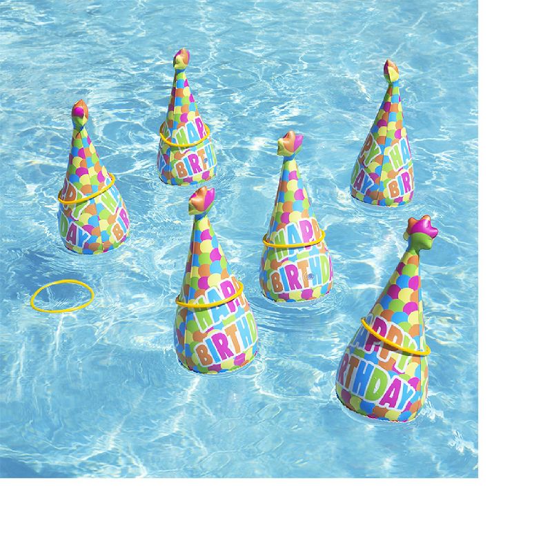 Pool Master 17" Inflatable "Happy Birthday" Party Hat Ring Toss Swimming Pool Game 6pc - Yellow/Blue, 2 of 4