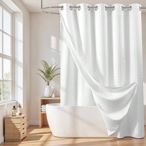 Cotton Blend No Hook Shower Curtain with Snap Liner, Hotel Grade, Water Repellent, White, 71Wx74L - 1 of 4