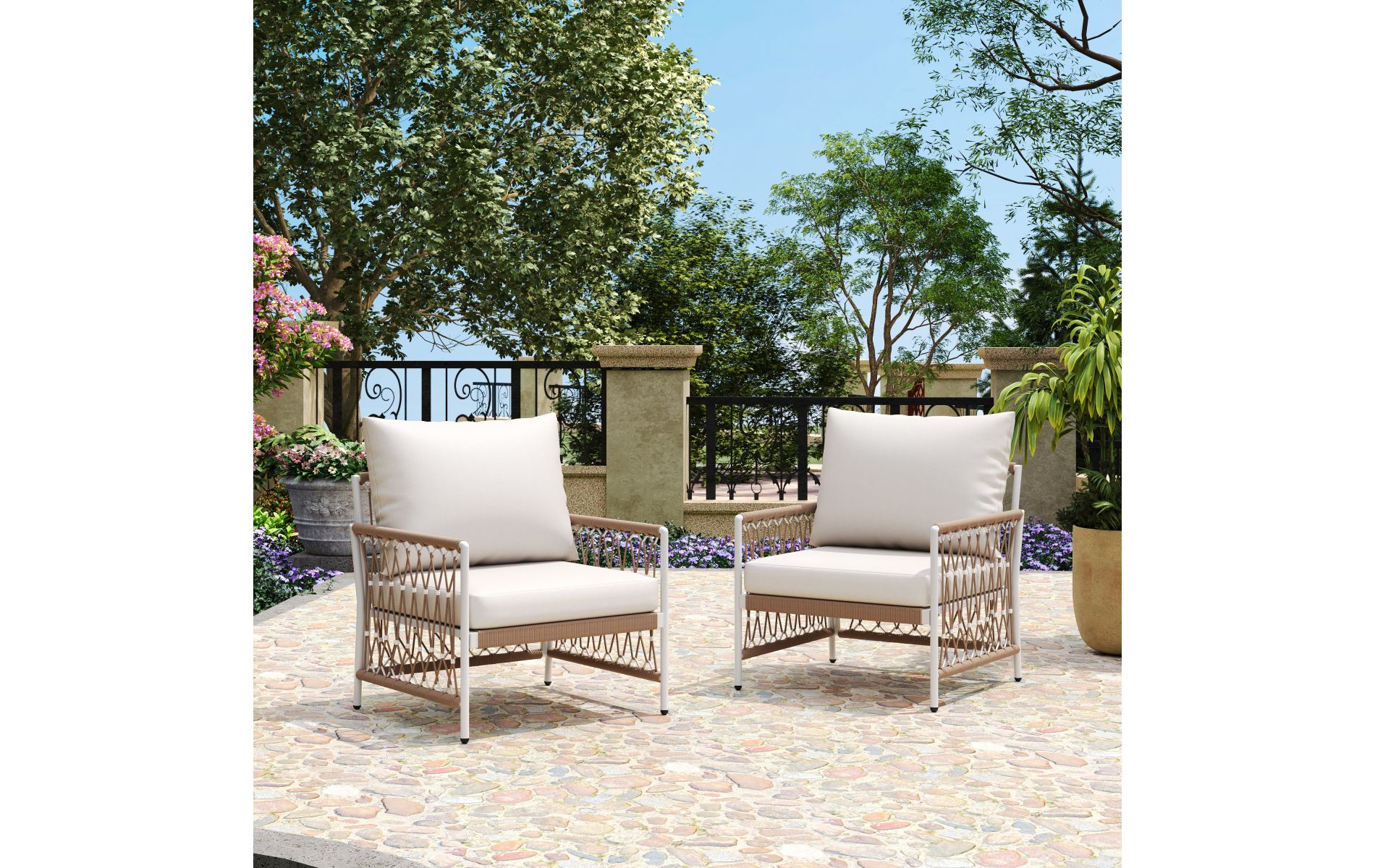 Boho Outdoor Lounge Chair Set of 2 with Beige Cushions, Weather-Resistant Woven Rope Patio Armchair for Balcony Garden-3irtyhousy