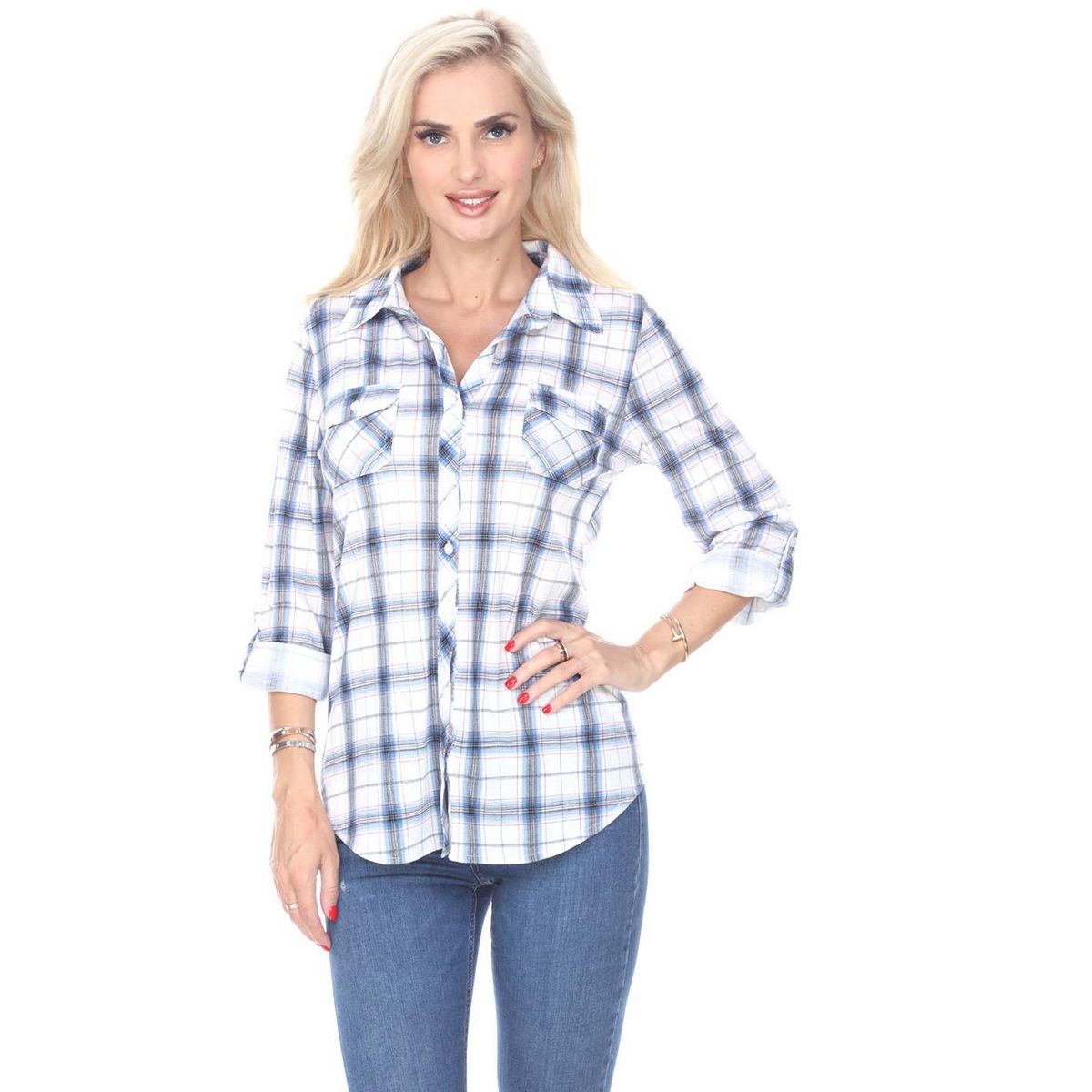 Women's Oakley Stretchy Plaid Tunic Top with Pockets - White Mark