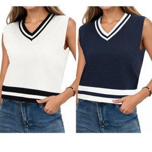 ATHLECHIC Women's Summer Knit Color Block Sleeveless V Neck Loose Fit Preppy Trendy Tank Tops 2 Packs - 1 of 4