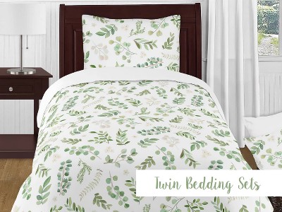 Twin White and Green Microfiber Floral Sheet Set