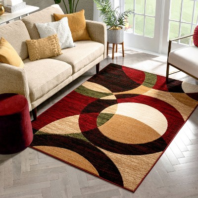Modern Geometric Red Synthetic 5' x 7' Easy-Care Area Rug