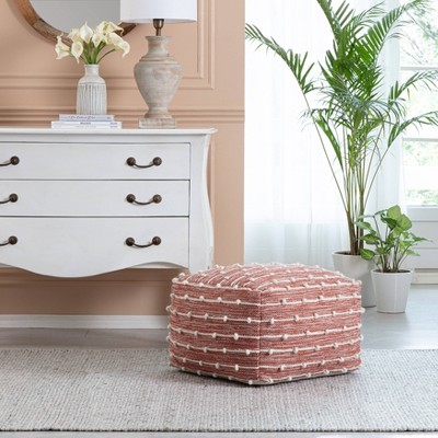 Penelope Handcrafted Cotton-Polyester Red/Ivory Pouf Ottoman