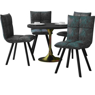 LeisureMod Verve 5-Piece Dining Set with 36" Round Dining Table in Black MDF Top and 4 Leather Dining Chairs