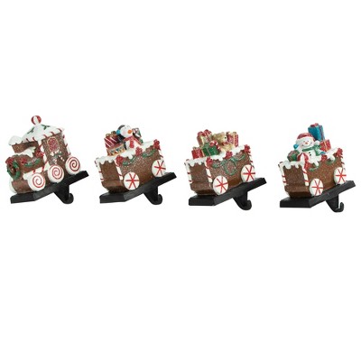 Set of 4 Glittered Gingerbread Train Christmas Stocking Holders