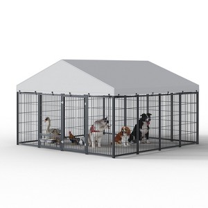 Outdoor Large Dog Kennel Metal Coop Fence with Waterproof Roof & 2 rotating feeders, Heavy-Duty Pet Enclosure for Dogs, Chickens &  Rabbits - 1 of 4